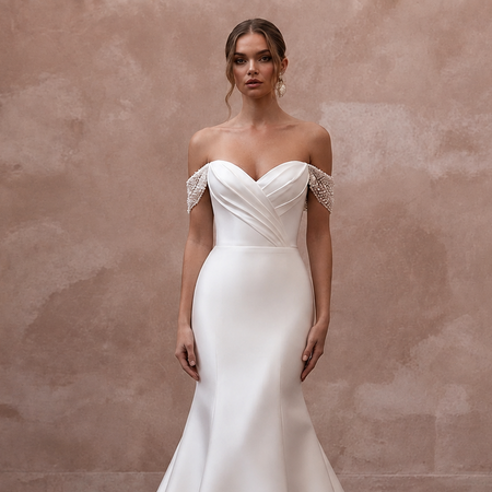 White satin off-the-shoulder wedding dress with sweetheart bodice and draped seams
