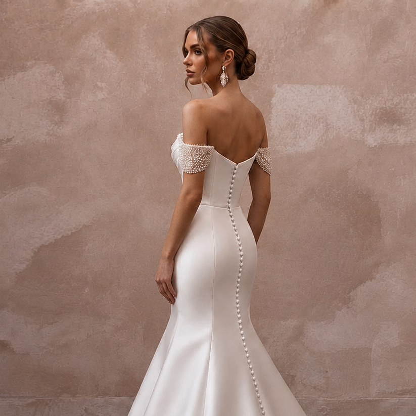 White satin off-the-shoulder wedding dress with lace shoulder caps and pearl back ties