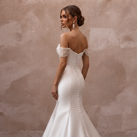 White satin off-the-shoulder wedding dress with lace shoulder caps and pearl back ties