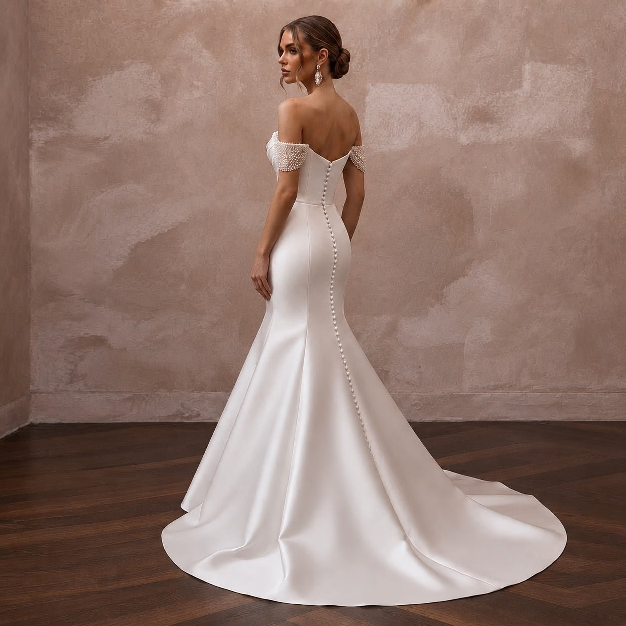 Elegant Satin Off-the-Shoulder Wedding Dress with Trumpet Silhouette Secondary image