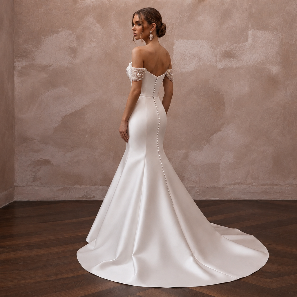 White satin mermaid wedding dress with off-shoulder lace detail and open back chains