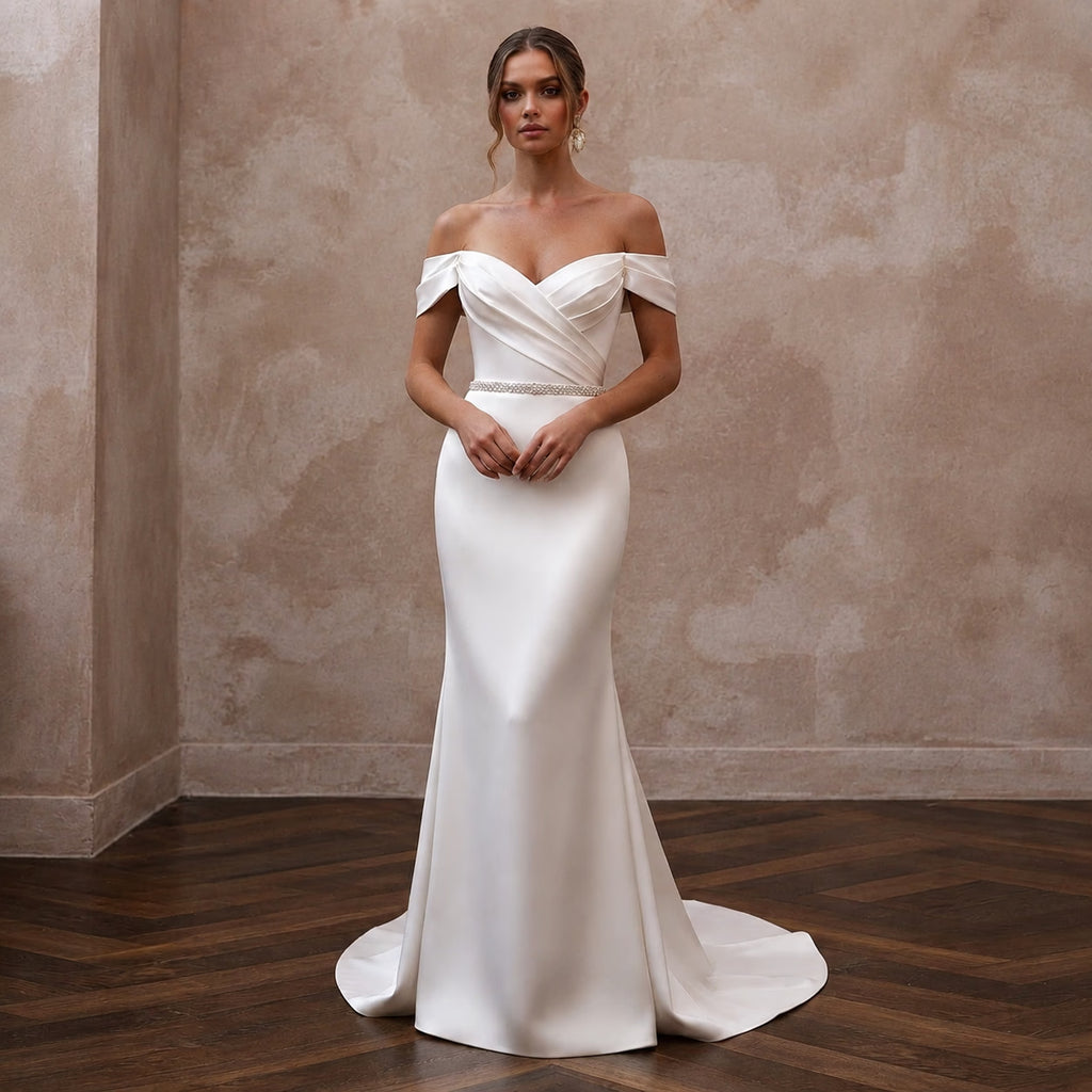 Elegant Satin Sheath Wedding Dress with Off - the - Shoulder Neckline - Apparel & Accessories > Clothing > Wedding & Bridal Party Dresses > Wedding Dresses - Mignonette Bridal