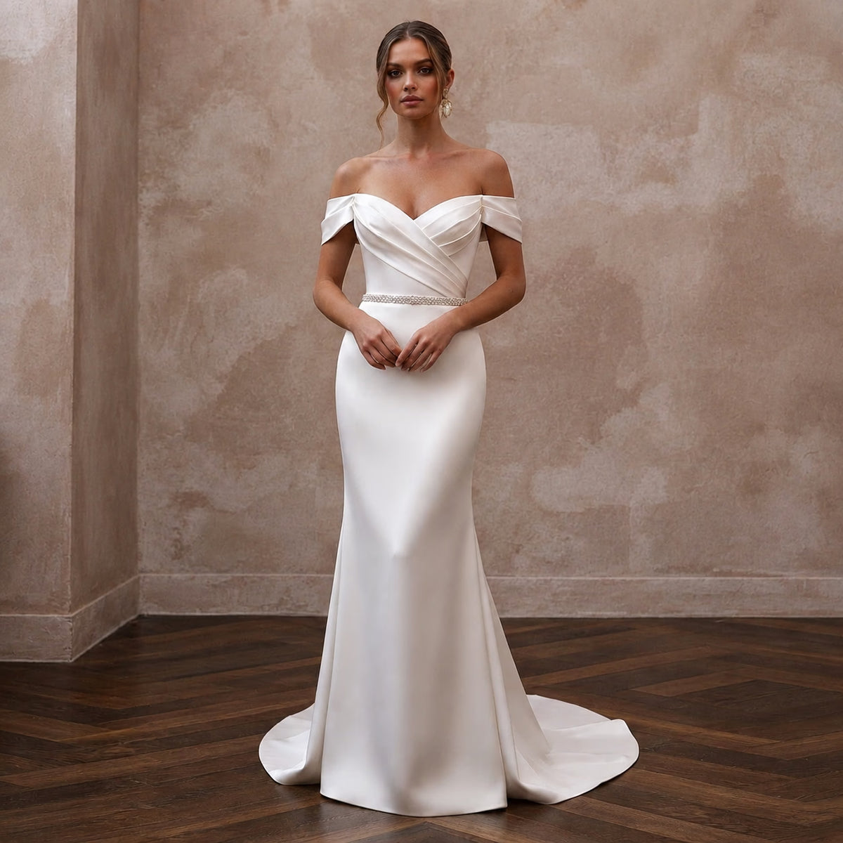 Elegant Satin Sheath Wedding Dress with Off - the - Shoulder Neckline - Apparel & Accessories > Clothing > Wedding & Bridal Party Dresses > Wedding Dresses - Mignonette Bridal