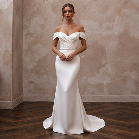 Elegant Satin Sheath Wedding Dress with Off - the - Shoulder Neckline - Apparel & Accessories > Clothing > Wedding & Bridal Party Dresses > Wedding Dresses - Mignonette Bridal