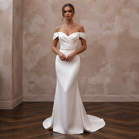 Elegant Satin Sheath Wedding Dress with Off - the - Shoulder Neckline - Apparel & Accessories > Clothing > Wedding & Bridal Party Dresses > Wedding Dresses - Mignonette Bridal