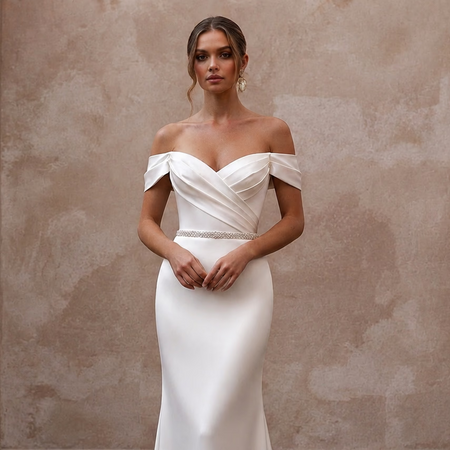 Elegant Satin Sheath Wedding Dress with Off - the - Shoulder Neckline - Apparel & Accessories > Clothing > Wedding & Bridal Party Dresses > Wedding Dresses - Mignonette Bridal