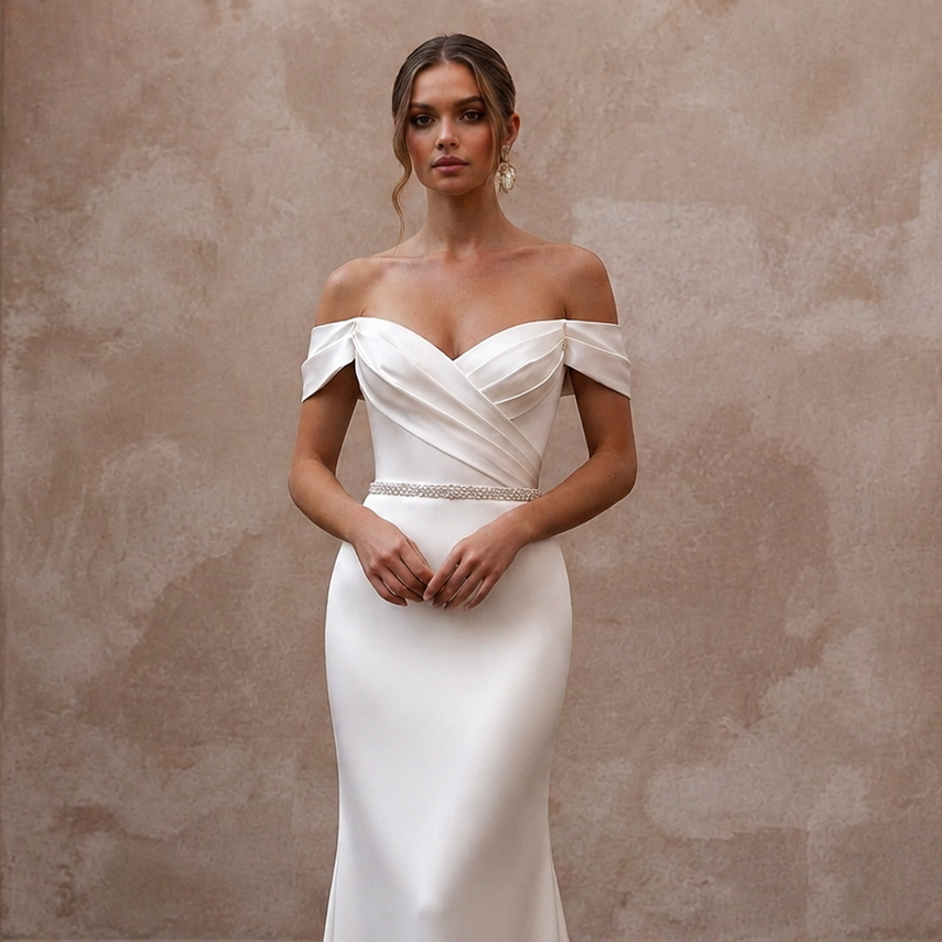 Elegant Satin Sheath Wedding Dress with Off - the - Shoulder Neckline - Apparel & Accessories > Clothing > Wedding & Bridal Party Dresses > Wedding Dresses - Mignonette Bridal