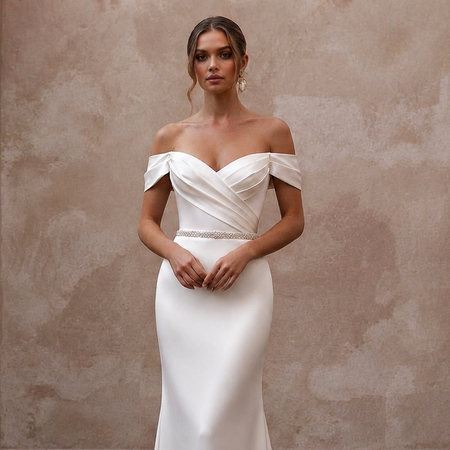 Elegant Satin Sheath Wedding Dress with Off - the - Shoulder Neckline - Apparel & Accessories > Clothing > Wedding & Bridal Party Dresses > Wedding Dresses - Mignonette Bridal