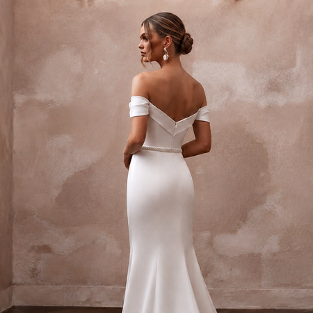 Elegant Satin Sheath Wedding Dress with Off - the - Shoulder Neckline - Apparel & Accessories > Clothing > Wedding & Bridal Party Dresses > Wedding Dresses - Mignonette Bridal