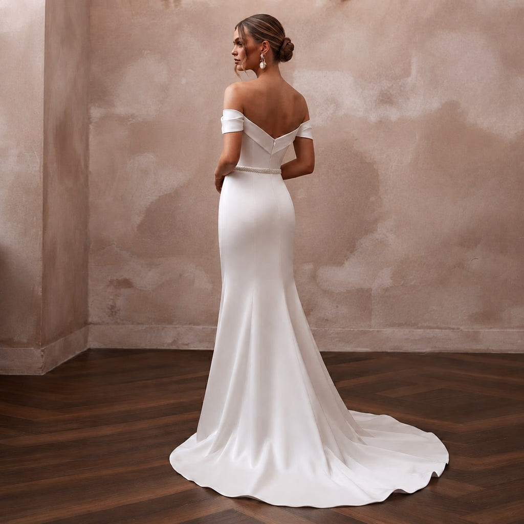 Elegant Satin Sheath Wedding Dress with Off - the - Shoulder Neckline - Apparel & Accessories > Clothing > Wedding & Bridal Party Dresses > Wedding Dresses - Mignonette Bridal