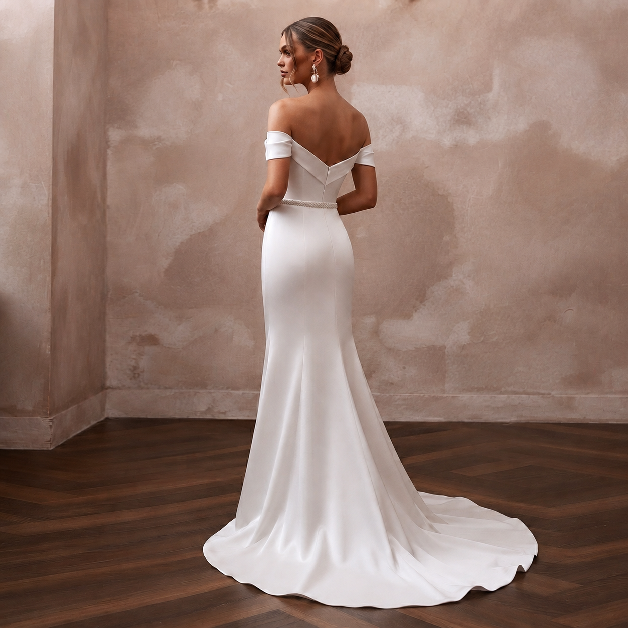 Elegant Satin Sheath Wedding Dress with Off - the - Shoulder Neckline - Apparel & Accessories > Clothing > Wedding & Bridal Party Dresses > Wedding Dresses - Mignonette Bridal