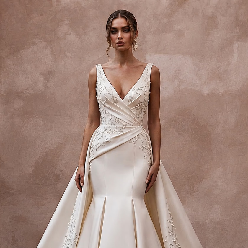 Elegant Satin Wedding Dress with Detachable Train and Mermaid Silhouette