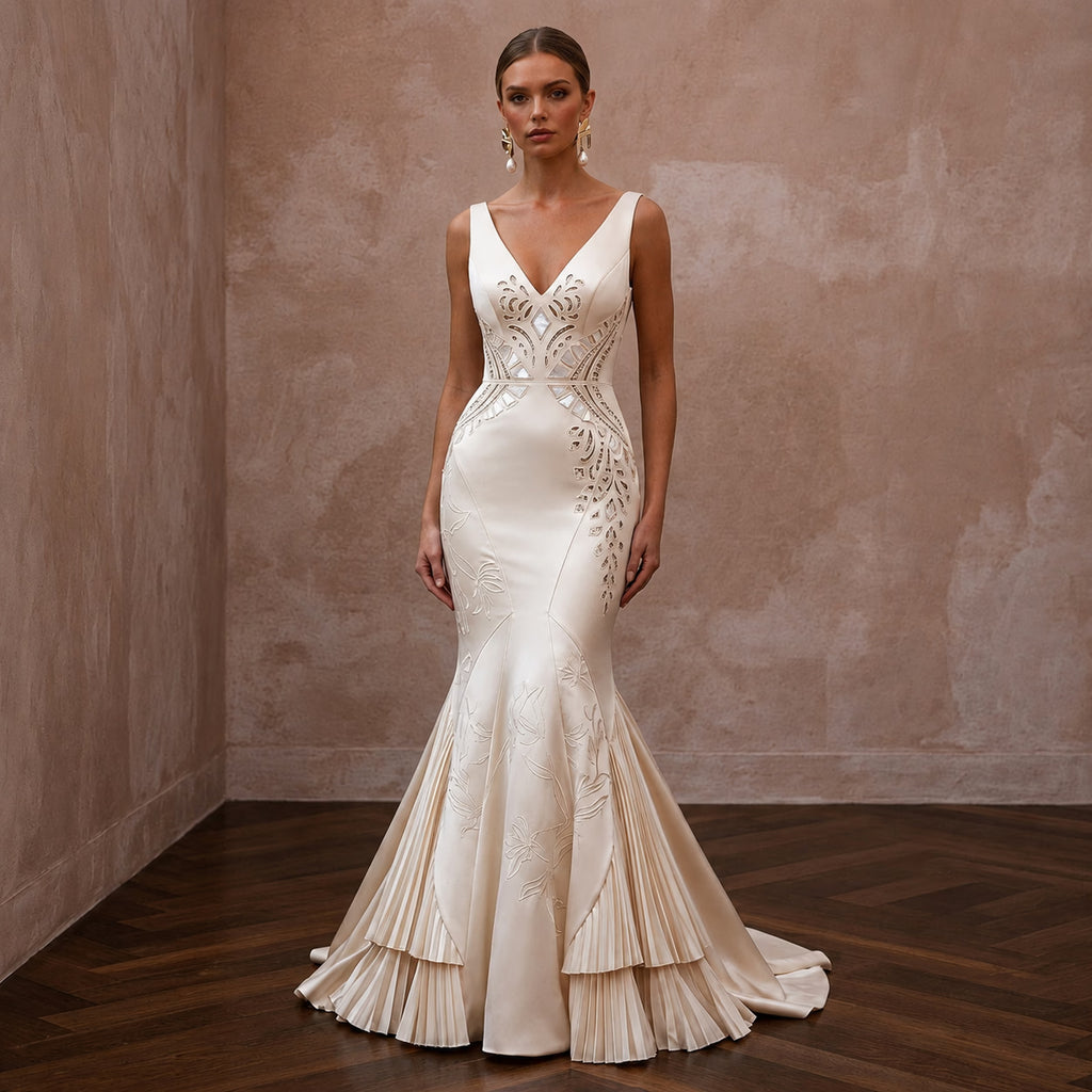 Elegant Satin Wedding Dress with V-Neck and Mermaid Silhouette