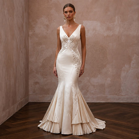 Elegant Satin Wedding Dress with V-Neck and Mermaid Silhouette