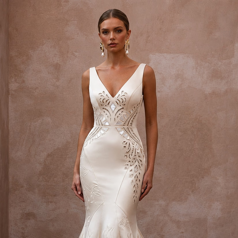 Elegant Satin Wedding Dress with V-Neck and Mermaid Silhouette