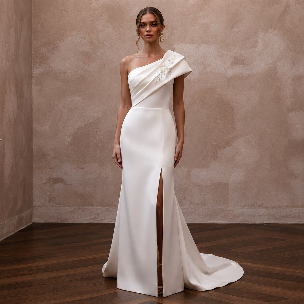 Elegant Satin Wedding Gown for a Luxury Elopement Ceremony - Apparel & Accessories > Clothing > Wedding & Bridal Party Dresses > Wedding Dresses - Mignonette Bridal