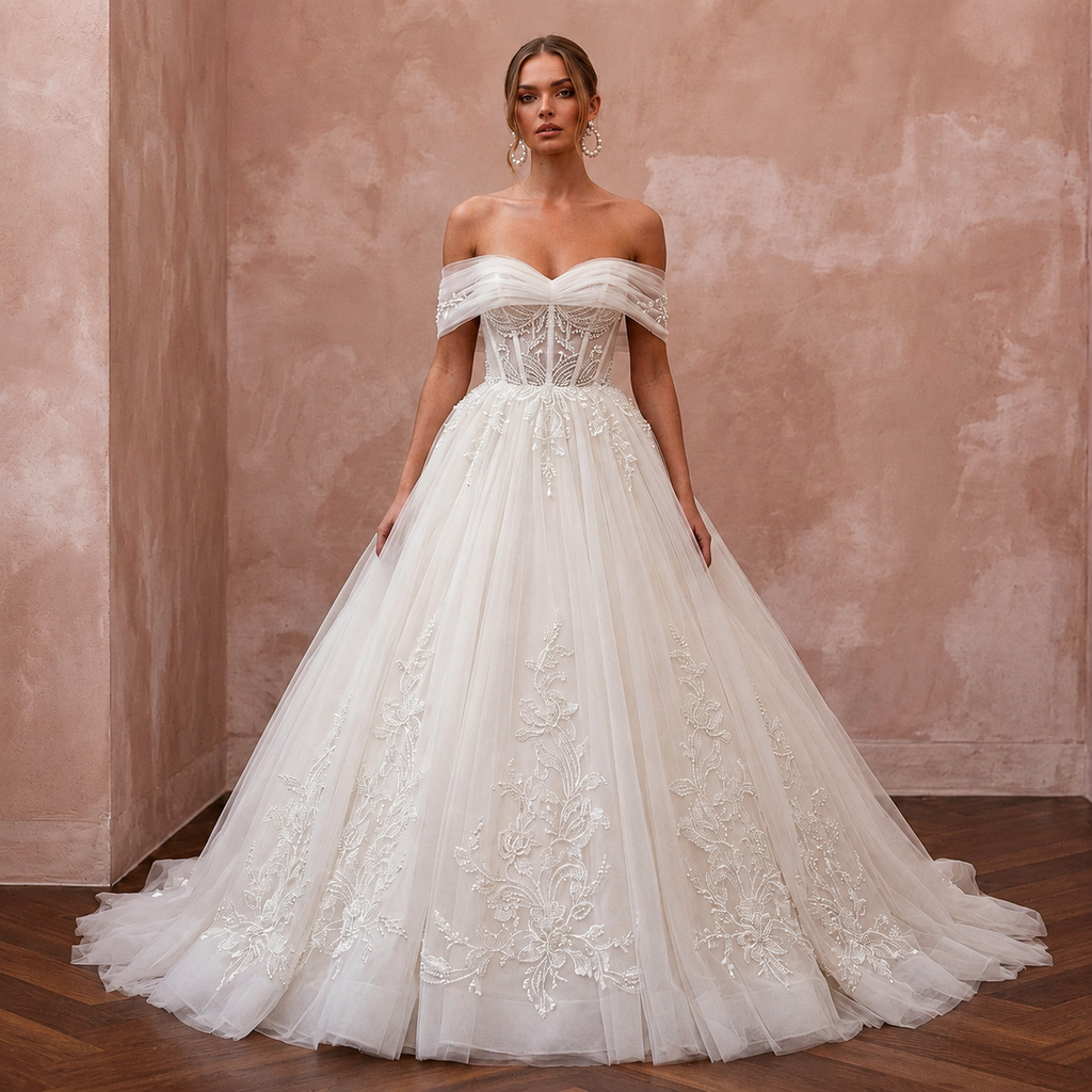An off-the-shoulder ball gown wedding dress with a structured lace bodice and a voluminous tulle skirt adorned with floral lace appliqué, shown on a model against a textured dusty pink wall.