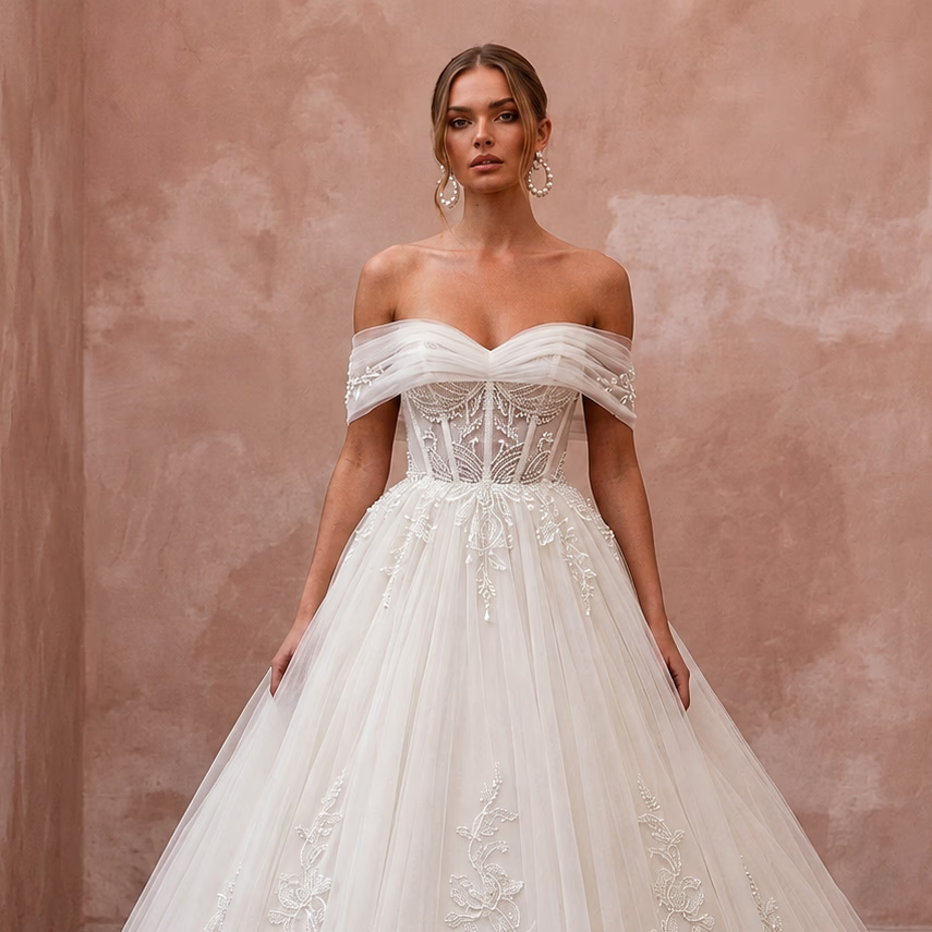 An off-the-shoulder ball gown wedding dress with a structured lace bodice and a voluminous tulle skirt adorned with floral lace appliqué, shown on a model against a textured dusty pink wall.