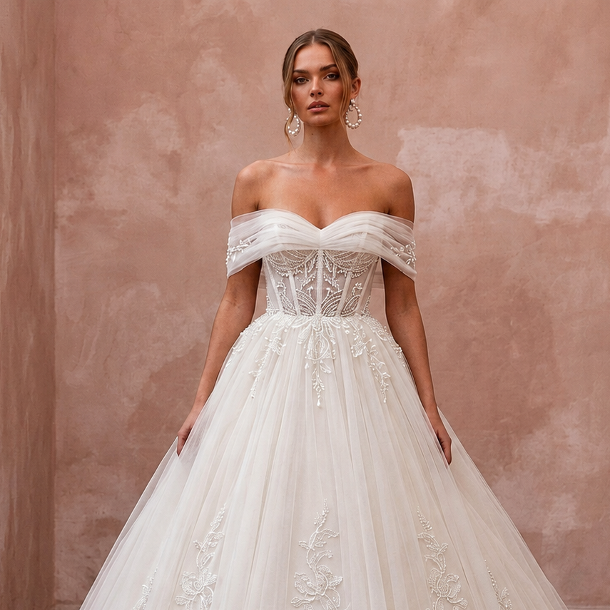 An off-the-shoulder ball gown wedding dress with a structured lace bodice and a voluminous tulle skirt adorned with floral lace appliqué, shown on a model against a textured dusty pink wall.