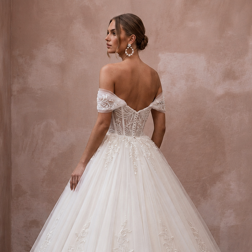 A woman wearing a voluminous off-the-shoulder wedding gown with lace embroidery and a full tulle skirt, photographed in a softly lit interior with a textured blush wall and wood floor.