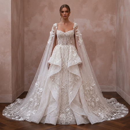 Elegant Tulle Wedding Dress with Cape and Ball Gown Silhouette