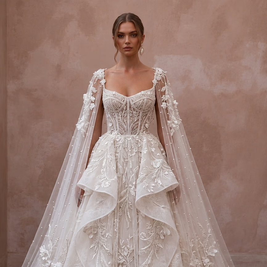 Elegant Tulle Wedding Dress with Cape and Ball Gown Silhouette