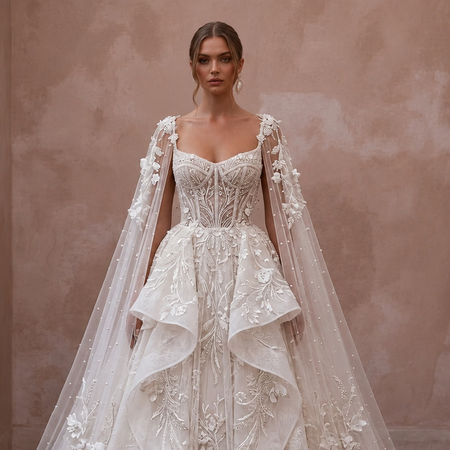 Elegant Tulle Wedding Dress with Cape and Ball Gown Silhouette