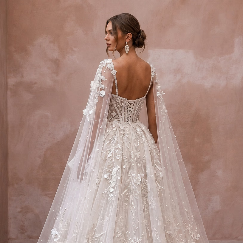 Elegant Tulle Wedding Dress with Cape and Ball Gown Silhouette