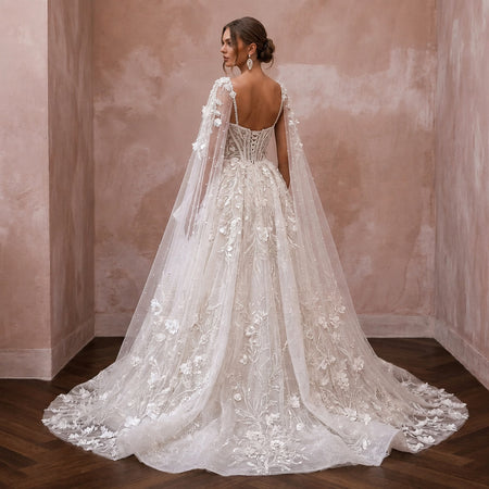 Elegant Tulle Wedding Dress with Cape and Ball Gown Silhouette