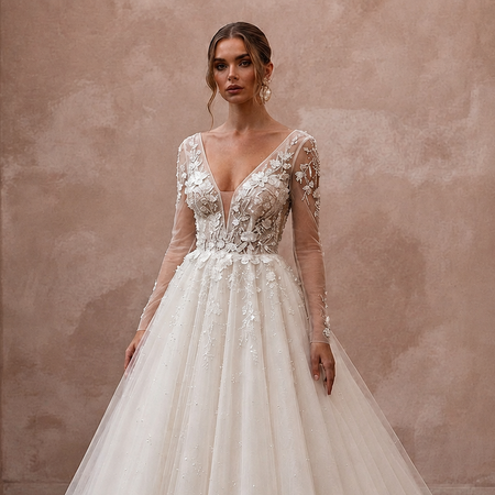 Ivory tulle ball gown with long illusion sleeves, lace appliques, deep V-neck