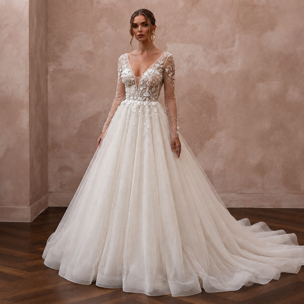 Ivory tulle ball gown wedding dress with lace bodice, deep V-neck and long sleeves