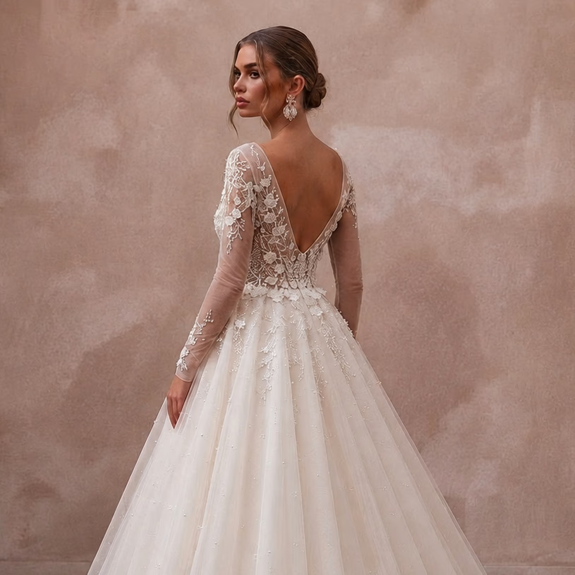 Ivory tulle ball gown wedding dress with long lace sleeves and V-neck back