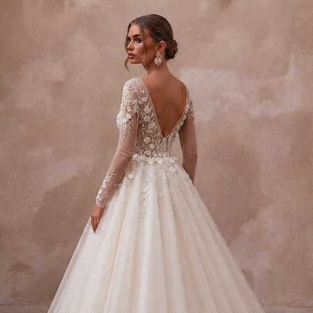 Ivory tulle ball gown wedding dress with long lace sleeves and V-neck back