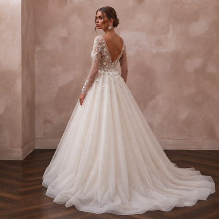 Ivory tulle ball gown wedding dress with long lace sleeves and deep V-back