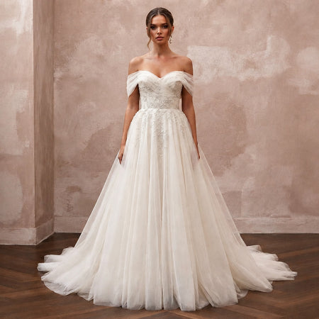 Elegant Tulle Wedding Dress with Off-the-Shoulder Neckline and Ball Gown Silhouette