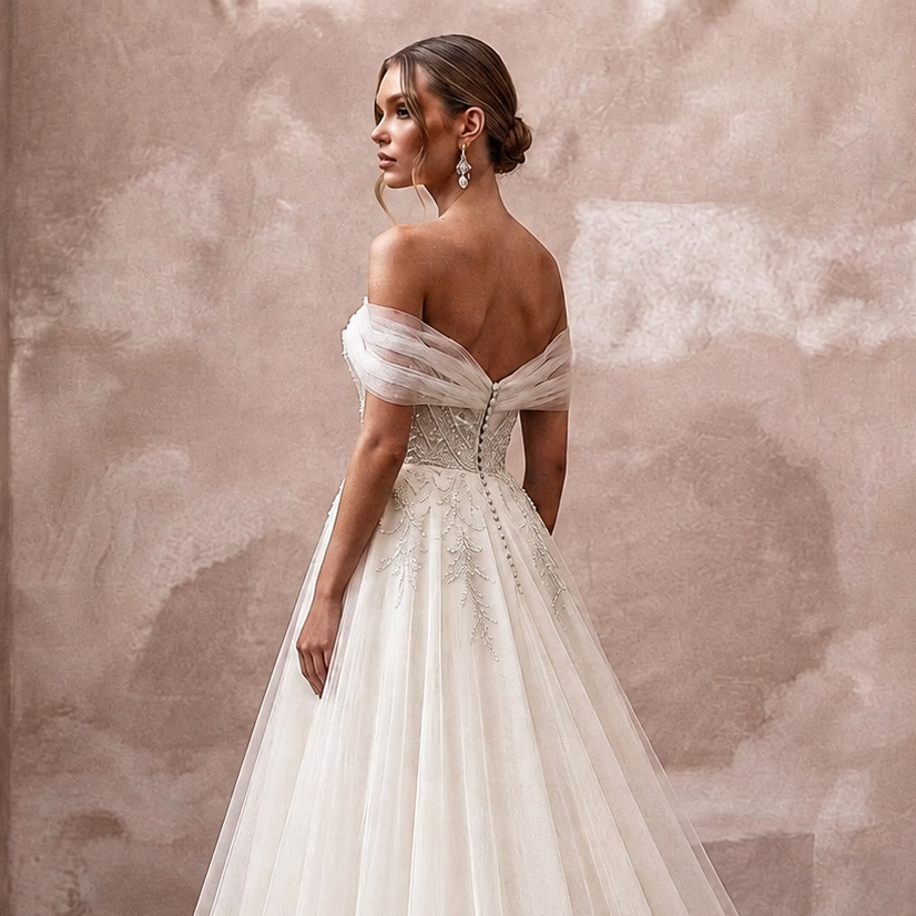 Elegant Tulle Wedding Dress with Off-the-Shoulder Neckline and Ball Gown Silhouette