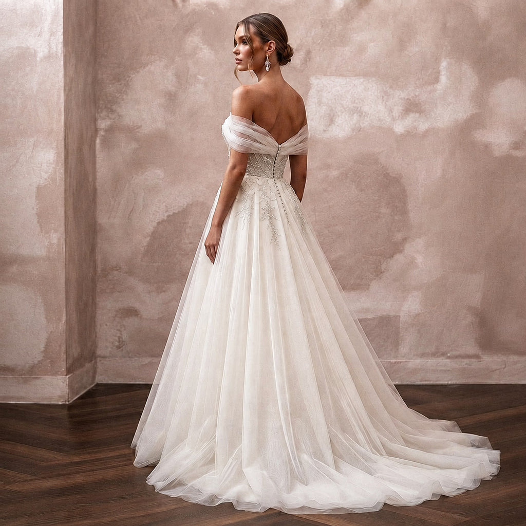 Elegant Tulle Wedding Dress with Off-the-Shoulder Neckline and Ball Gown Silhouette