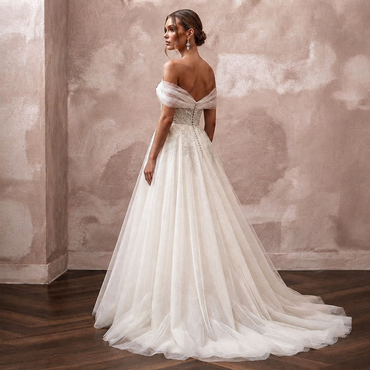 Elegant Tulle Wedding Dress with Off-the-Shoulder Neckline and Ball Gown Silhouette