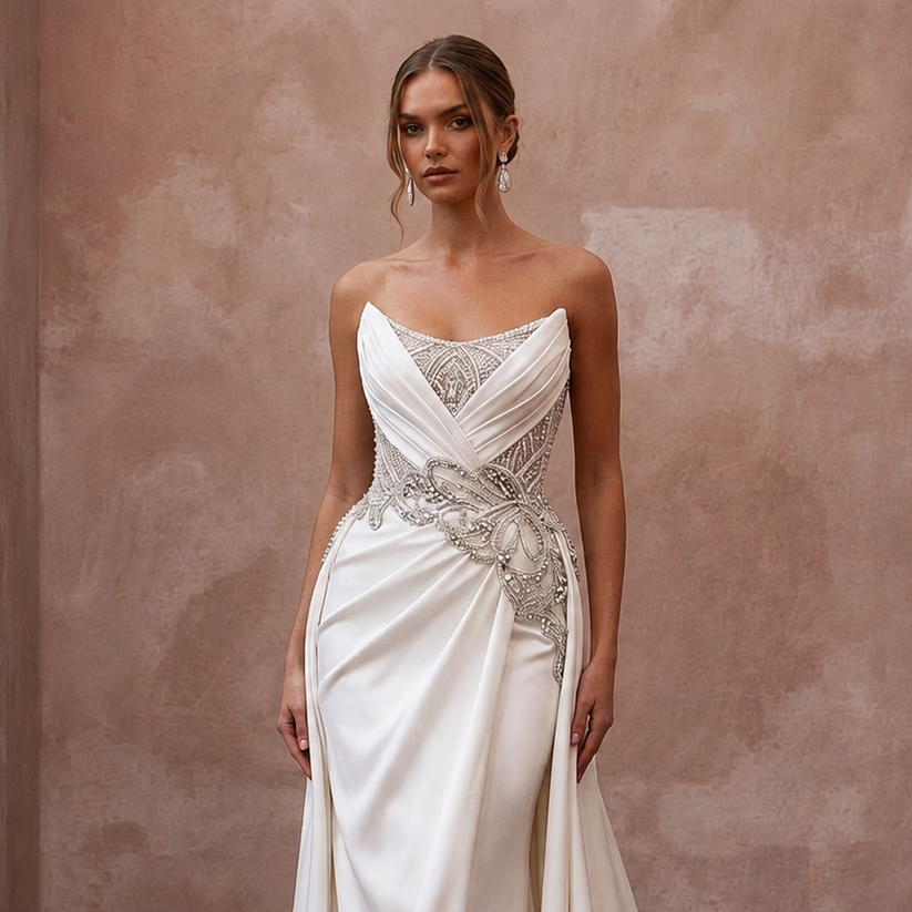 Elegant Wedding Dresses with Crystal Waist Embellishments - Apparel & Accessories > Clothing > Wedding & Bridal Party Dresses > Wedding Dresses - Mignonette
