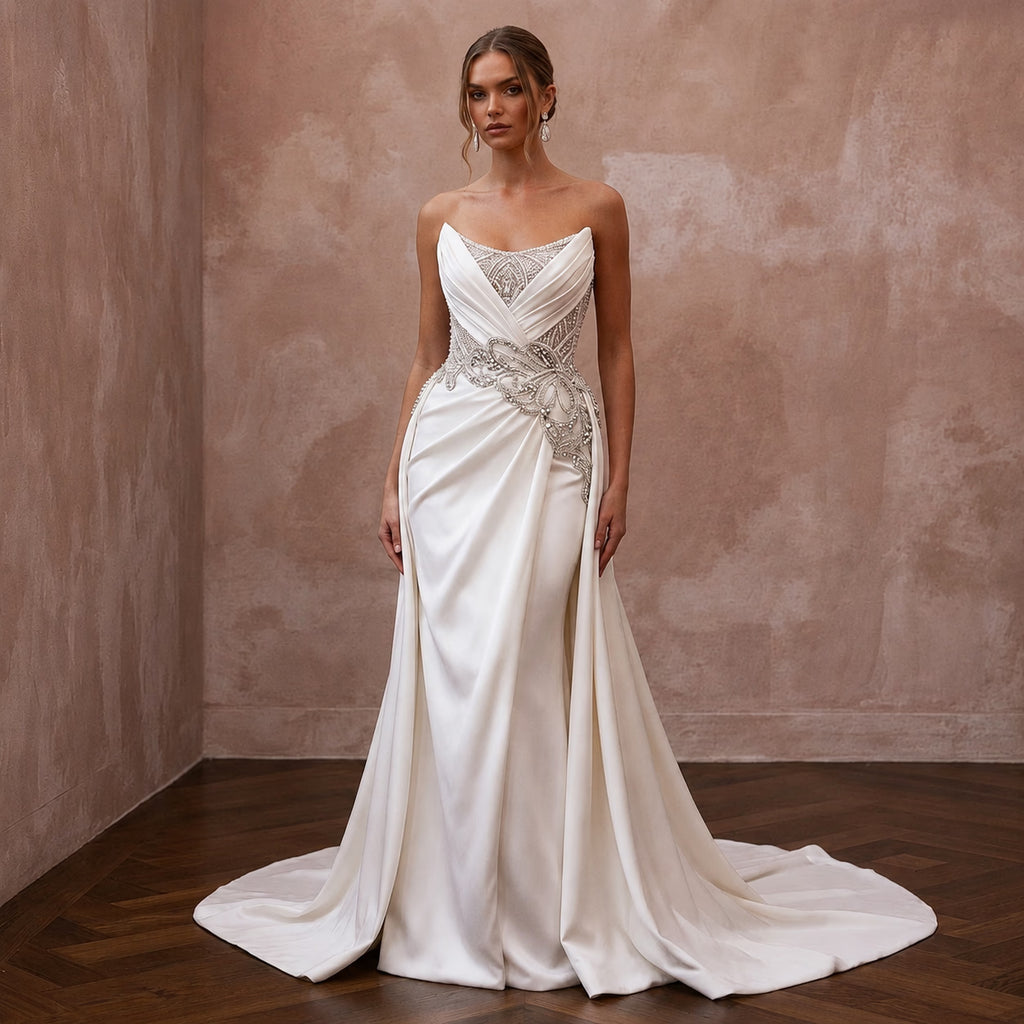 Elegant Wedding Dresses with Crystal Waist Embellishments - Apparel & Accessories > Clothing > Wedding & Bridal Party Dresses > Wedding Dresses - Mignonette