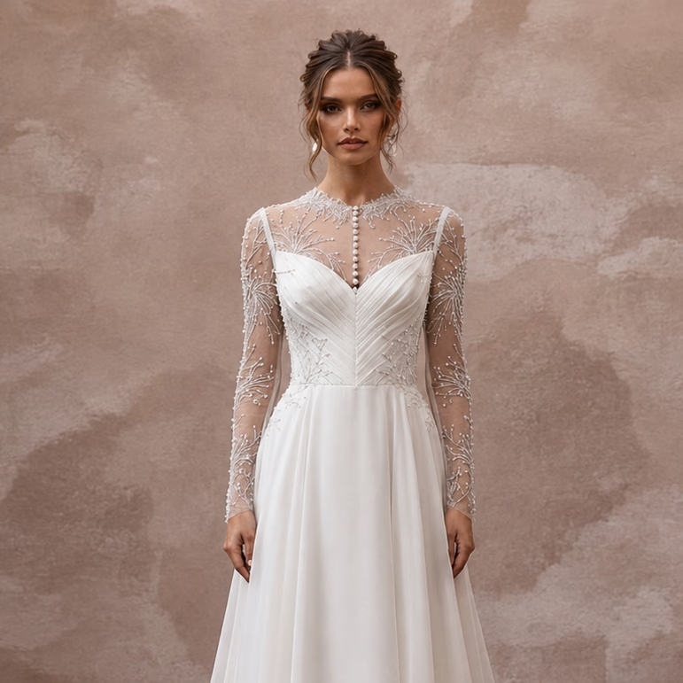 Elegant Wedding Dresses with Pearl Button Closures - Apparel & Accessories > Clothing > Wedding & Bridal Party Dresses > Wedding Dresses - Mignonette