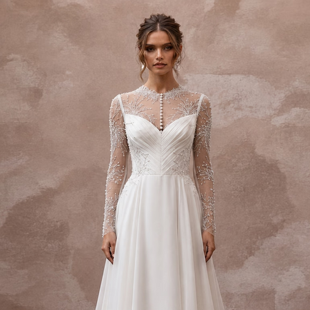 Elegant Wedding Dresses with Pearl Button Closures - Apparel & Accessories > Clothing > Wedding & Bridal Party Dresses > Wedding Dresses - Mignonette