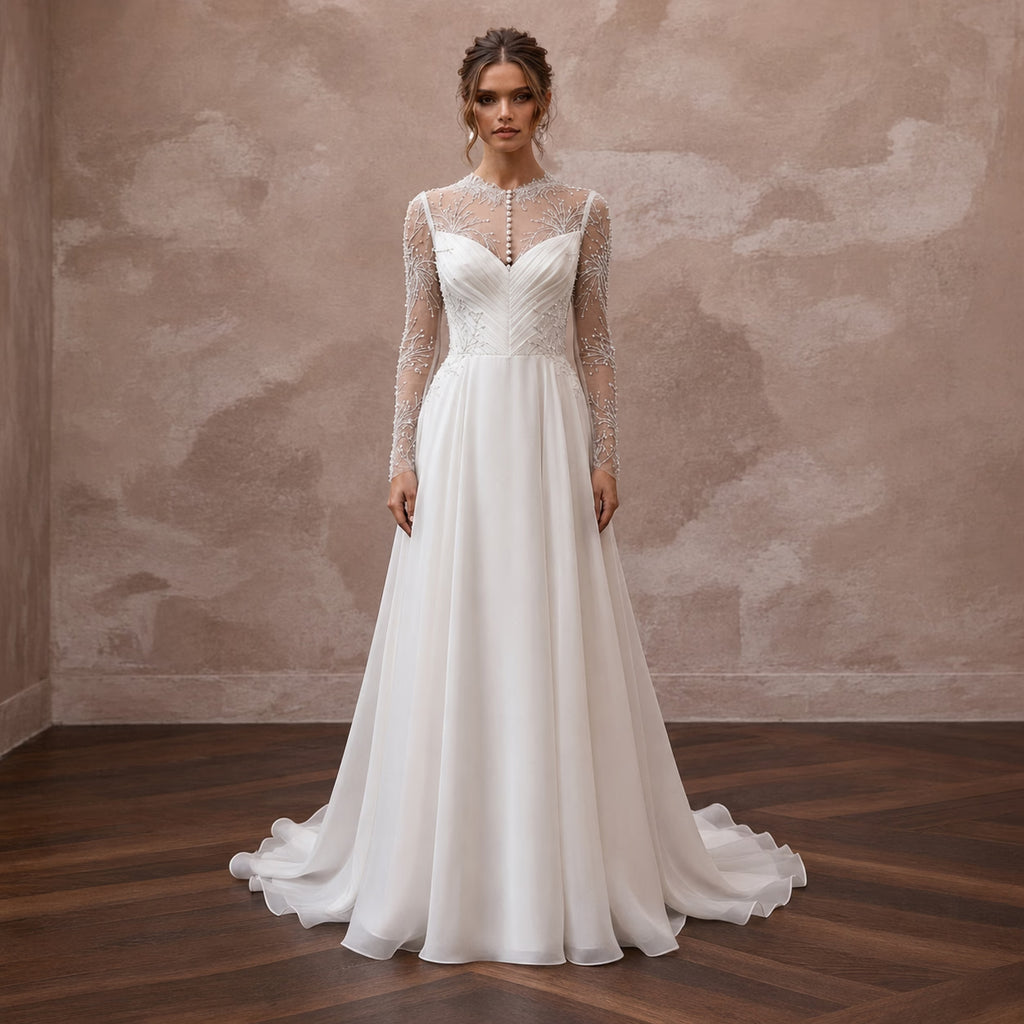 Elegant Wedding Dresses with Pearl Button Closures - Apparel & Accessories > Clothing > Wedding & Bridal Party Dresses > Wedding Dresses - Mignonette