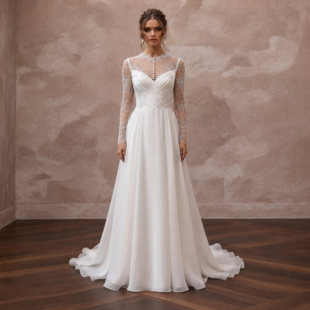 Elegant Wedding Dresses with Pearl Button Closures - Apparel & Accessories > Clothing > Wedding & Bridal Party Dresses > Wedding Dresses - Mignonette