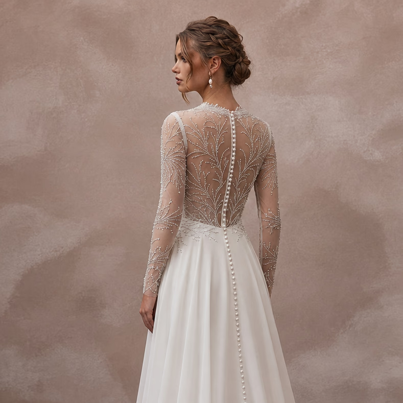 Elegant Wedding Dresses with Pearl Button Closures - Apparel & Accessories > Clothing > Wedding & Bridal Party Dresses > Wedding Dresses - Mignonette