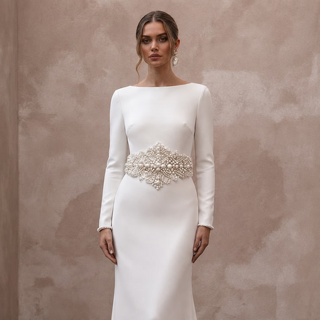 Elegant Wedding Dresses with Pearl Waist Embellishments - Apparel & Accessories > Clothing > Wedding & Bridal Party Dresses > Wedding Dresses - Mignonette Bridal