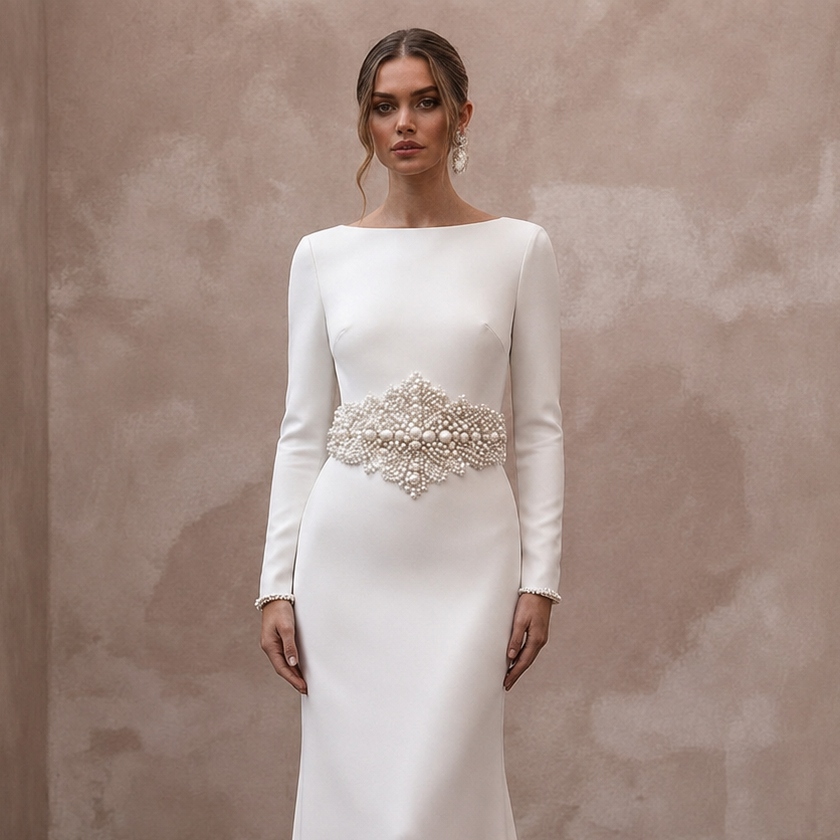 Elegant Wedding Dresses with Pearl Waist Embellishments