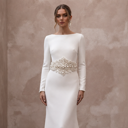 Elegant Wedding Dresses with Pearl Waist Embellishments
