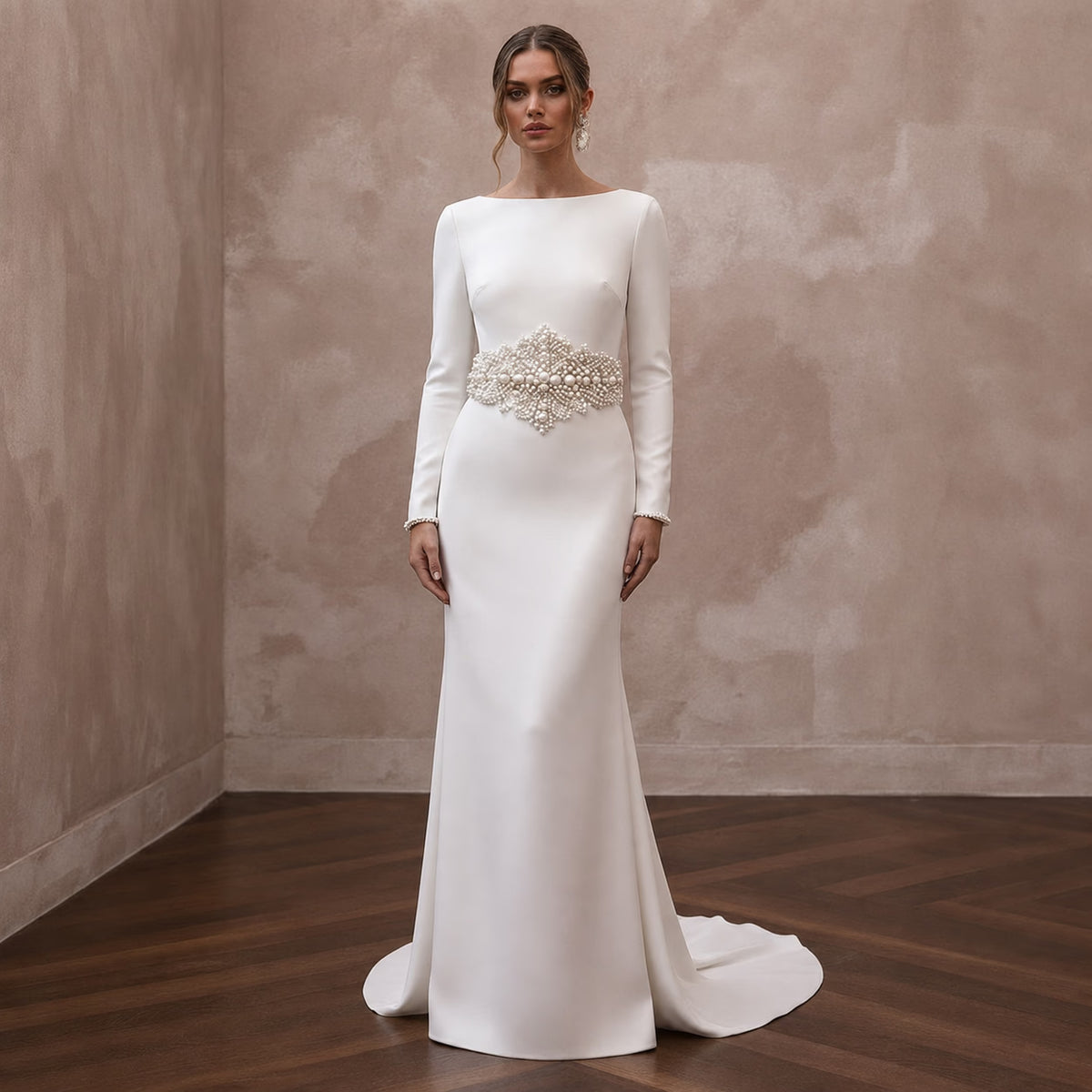 Elegant Wedding Dresses with Pearl Waist Embellishments - Apparel & Accessories > Clothing > Wedding & Bridal Party Dresses > Wedding Dresses - Mignonette Bridal Main image