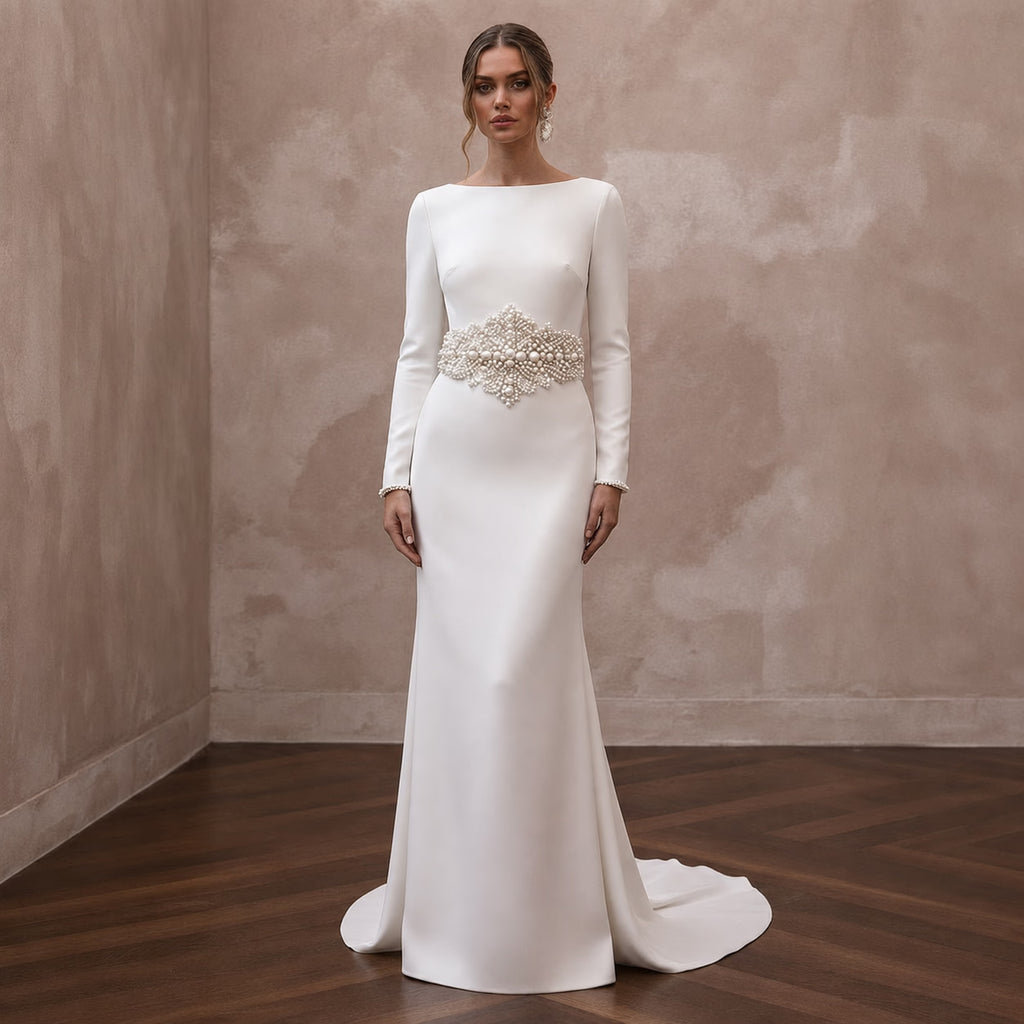Elegant Wedding Dresses with Pearl Waist Embellishments - Apparel & Accessories > Clothing > Wedding & Bridal Party Dresses > Wedding Dresses - Mignonette Bridal